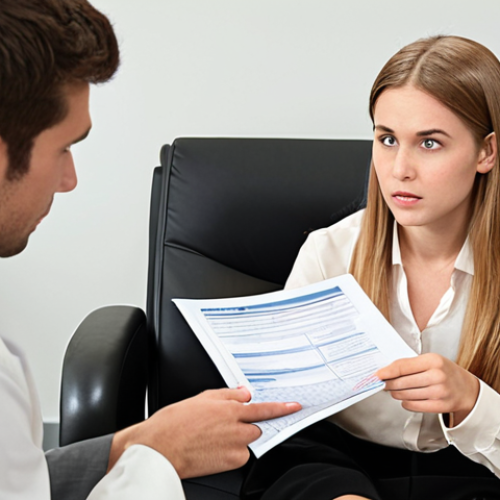 ** A career counselor engaged in a counseling session with a young graduate. The counselor is actively listening and pointing towards a career assessment report. The background shows a modern office setting with career-related resources. Focus on empathy and guidance.

**