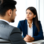 A professional career counselor and a young adult female client are seated at a modern table in a well-lit, contemporary career counseling office. The counselor gestures empathetically while the client listens attentively, showing thoughtful expression. Both are dressed in modest business attire, fully clothed and professionally presented. The background features subtle elements of professional charts or a laptop screen, out of focus. High-resolution professional photography, soft studio lighting, sharp focus, natural colors, realistic details, safe for work, appropriate content, fully clothed, professional, perfect anatomy, correct proportions, natural pose, well-formed hands, proper finger count, natural body proportions.