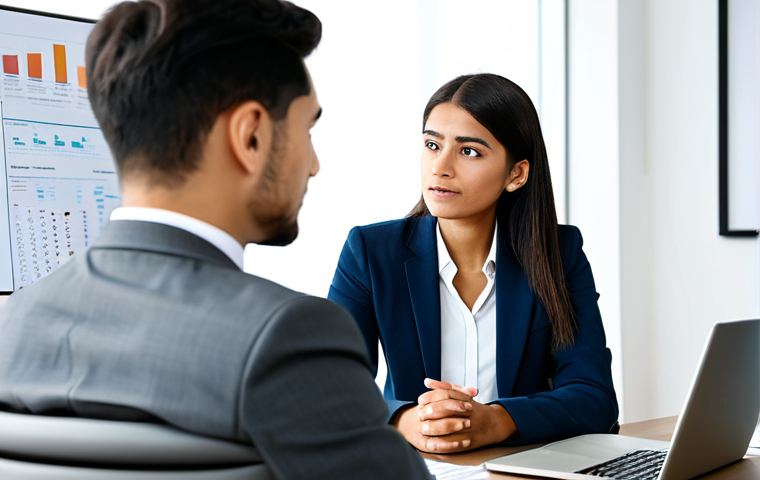 A professional career counselor and a young adult female client are seated at a modern table in a well-lit, contemporary career counseling office. The counselor gestures empathetically while the client listens attentively, showing thoughtful expression. Both are dressed in modest business attire, fully clothed and professionally presented. The background features subtle elements of professional charts or a laptop screen, out of focus. High-resolution professional photography, soft studio lighting, sharp focus, natural colors, realistic details, safe for work, appropriate content, fully clothed, professional, perfect anatomy, correct proportions, natural pose, well-formed hands, proper finger count, natural body proportions.