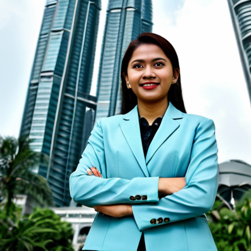 **Professional businesswoman in Kuala Lumpur:** A fully clothed businesswoman in modest professional attire, standing confidently in front of the Petronas Twin Towers, appropriate content, safe for work, perfect anatomy, natural pose, professional photography, high quality.