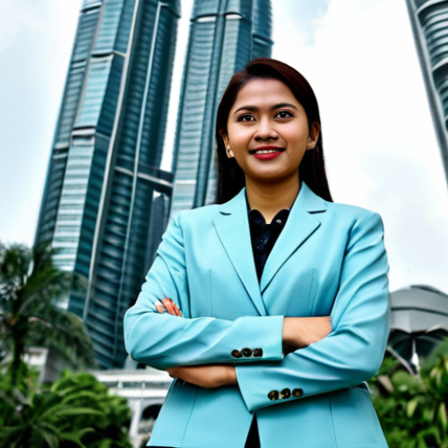 **Professional businesswoman in Kuala Lumpur:** A fully clothed businesswoman in modest professional attire, standing confidently in front of the Petronas Twin Towers, appropriate content, safe for work, perfect anatomy, natural pose, professional photography, high quality.