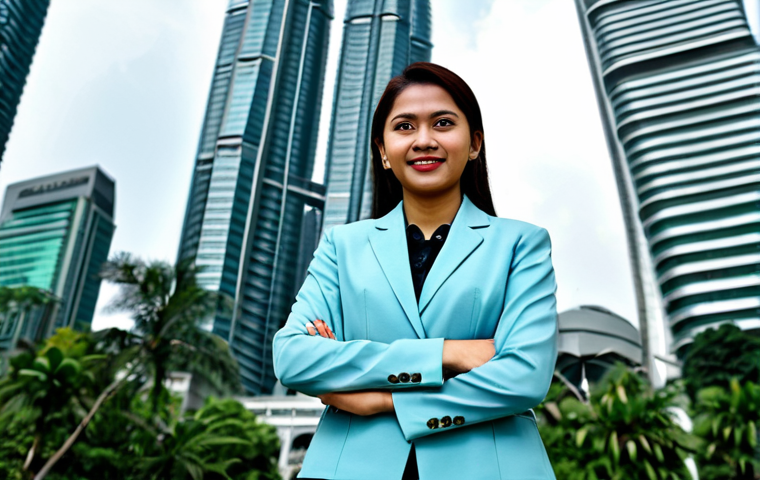 **Professional businesswoman in Kuala Lumpur:** A fully clothed businesswoman in modest professional attire, standing confidently in front of the Petronas Twin Towers, appropriate content, safe for work, perfect anatomy, natural pose, professional photography, high quality.